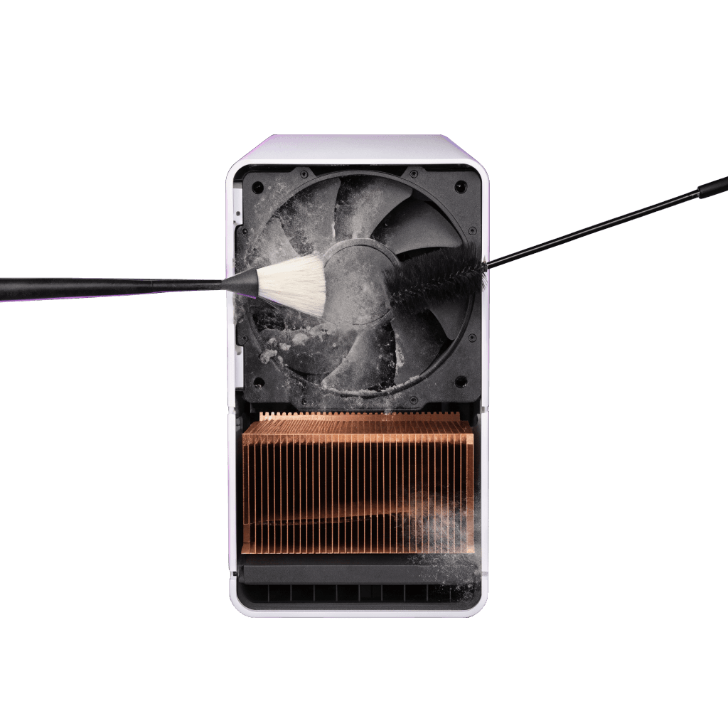 console-cleaning-transparent Games console opened up with fan and heatsink being cleaned of dust